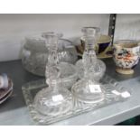 A CUT GLASS FRUIT BOWL AND MATCHING SET OF SIX CUT GLASS FRUIT DISHES, A PAIR OF CUT GLASS