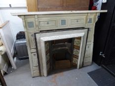 LATE VICTORIAN WHITE AND BLUE PAINTED HARDWOOD FIRE SURROUND, with stylised floral panels, 50? x