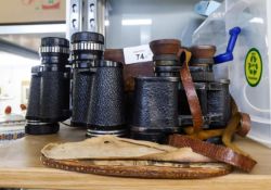 A PAIR OF VINTAGE PRISM BINOCULARS, IN LEATHER CASE, A PAIR OF 8 x 30 BOOTS BINOCULARS, IN CASE