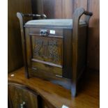 BURR WALNUTWOOD EDWARDIAN PIANO STOOL, HAVING CARVED PANELLED FALL FRONT  WITH TURNED END HANDLES