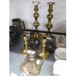 PAIR OF ANTIQUE BRASS EJECTOR CANDLESTICKS ON SQUARE BASES, 11? (28cm), TWO OTHER SMALLER, MODERN