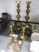 PAIR OF ANTIQUE BRASS EJECTOR CANDLESTICKS ON SQUARE BASES, 11? (28cm), TWO OTHER SMALLER, MODERN