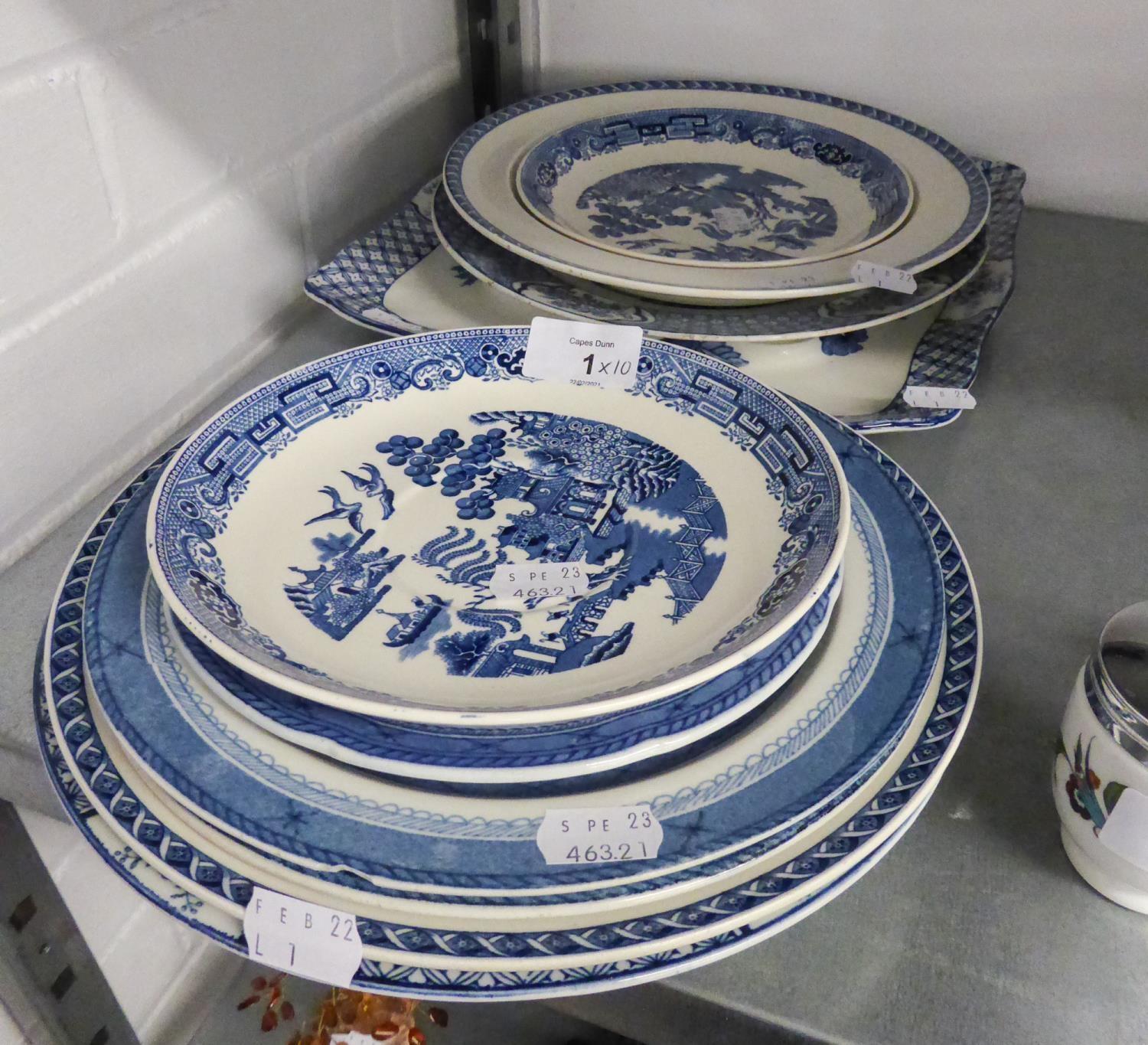 WOOD AND SONS 'YUAN' PATTERN POTTERY SQUARE PLATTER AND MATCHING SOUP PLATE, AND EIGHT OTHER