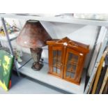 A MINIATURE DARKWOOD DISPLAY CABINET, WITH TWO GLAZED DOORS AND TWO SHELVES AND AN URN SHAPED