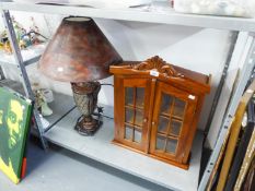 A MINIATURE DARKWOOD DISPLAY CABINET, WITH TWO GLAZED DOORS AND TWO SHELVES AND AN URN SHAPED