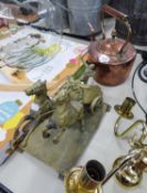 ANTIQUE SEAMED COPPER KETTLE, and a CAST BRASS GROUP OF A CHARIOT RACER, (2)