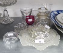 AN ANTIQUE GLASS RUMMER WITH CUSHION KNOPPED, WAISTED STEM; A SET OF FOUR OLD THUMB CUT GLASS TOTS