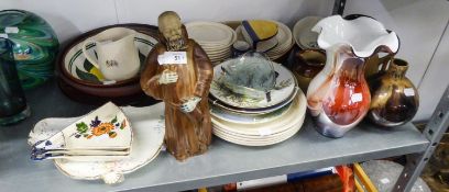 MISC DOMESTIC CERAMICS, POTTERY AND GLASS TO INCLUDE;  A POTTERY FLASK IN THE FORM OF A MONK,