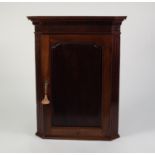 LATE GEORGIAN MAHOGANY FLAT FRONTED CORNER CUPBOARD, of typical form with dentil moulded cornice,