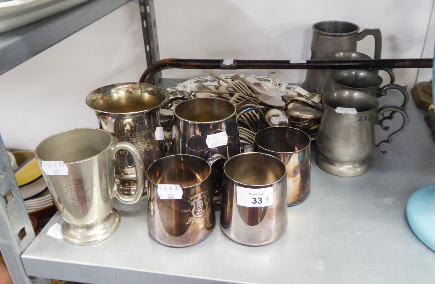 QUANTITY OF ELECTROPLATE AND PEWTER TO INCLUDE; TEN VARIOUS TANKARDS, CUTLERY AND A WALKING CANE