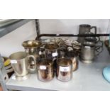 QUANTITY OF ELECTROPLATE AND PEWTER TO INCLUDE; TEN VARIOUS TANKARDS, CUTLERY AND A WALKING CANE