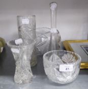 A CUT GLASS FRUIT BOWL, 8? DIAMETER; TWO SMALL CUT GLASS VASES; TWO PLAIN GLASS SPECIMEN VASES AND A