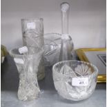 A CUT GLASS FRUIT BOWL, 8? DIAMETER; TWO SMALL CUT GLASS VASES; TWO PLAIN GLASS SPECIMEN VASES AND A