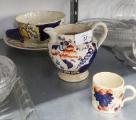 FOUR PIECES OF VICTORIAN 'GAUDY' POTTERY, DECORATED IN IMARI PALETTE, VIZ A PLAQUE, BOWL, JUG AND