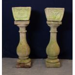 PAIR OF HEAVY BALUSTER SHAPED COLUMNS AND A PAIR OF FOUR SIDE ROSE POTS (4), 87cm high