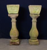 PAIR OF HEAVY BALUSTER SHAPED COLUMNS AND A PAIR OF FOUR SIDE ROSE POTS (4), 87cm high