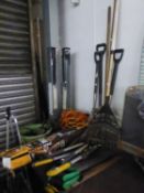 A SELECTION OF GARDEN TOOLS TO INCLUDE; ELECTRIC HEDGE TRIMMERS, SAWS, RAKES, SPADE, SHOVEL, PAIR OF