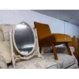 A WHITE AND GILT FRAMED CHEVAL TOILET MIRROR, A SIMILAR FRAMED OVAL MIRROR MIRROR AND AN ARMLESS