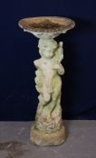 A CONCRETE PEDESTAL CHERUB BIRD BATH (87cm high)