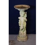 A CONCRETE PEDESTAL CHERUB BIRD BATH (87cm high)