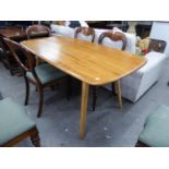 AN ERCOL ELM OBLONG DINING TABLE, WITH ROUNDED CORNERS, RAISED ON SQUARE TAPERING LEGS, 5' long x