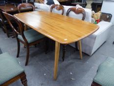 AN ERCOL ELM OBLONG DINING TABLE, WITH ROUNDED CORNERS, RAISED ON SQUARE TAPERING LEGS, 5' long x