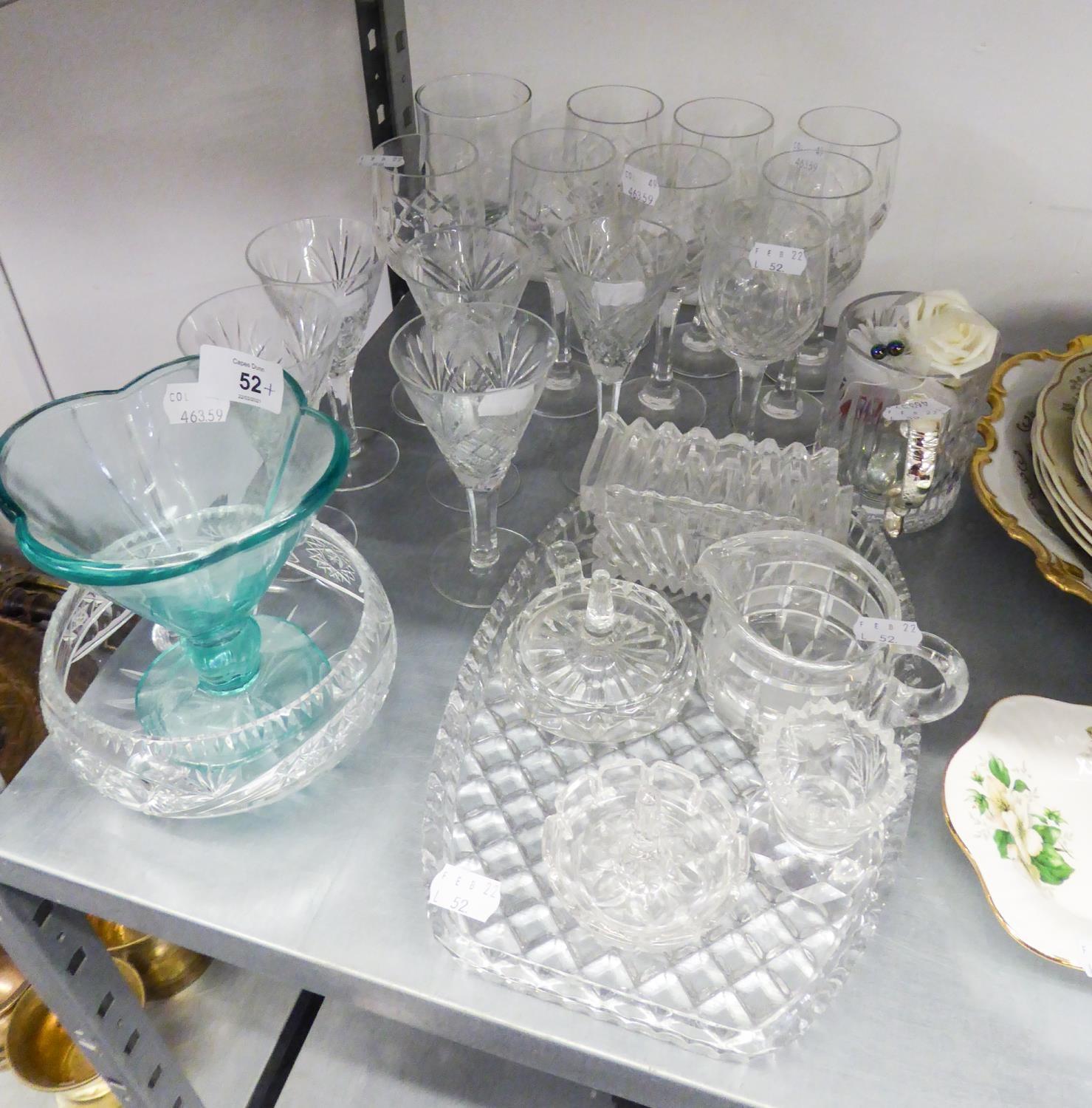 A SET OF EIGHT TALL CUT GLASS STEM WINE GLASSES AND MISC GLASSWARES, DRESSING TABLE WARES ETC....