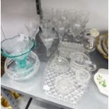 A SET OF EIGHT TALL CUT GLASS STEM WINE GLASSES AND MISC GLASSWARES, DRESSING TABLE WARES ETC....