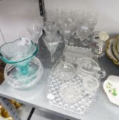 A SET OF EIGHT TALL CUT GLASS STEM WINE GLASSES AND MISC GLASSWARES, DRESSING TABLE WARES ETC....