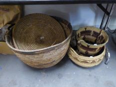 LARGE CIRCULAR WOVEN RAFFIA LINEN BASKET AND LOW DOMED COVER, 24" DIAMETER; LIBERIAN BUCKET SHAPED