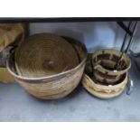 LARGE CIRCULAR WOVEN RAFFIA LINEN BASKET AND LOW DOMED COVER, 24" DIAMETER; LIBERIAN BUCKET SHAPED