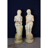 A PAIR OF TWO-PART TERRACOTTA FEMALE NUDE STATUES (A.F.) (88cm high)