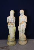 A PAIR OF TWO-PART TERRACOTTA FEMALE NUDE STATUES (A.F.) (88cm high)