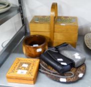 A SMALL CANTILEVER SEWING BOX, A CARVED WOODEN WALL PLAQUE, WOODEN BOX, WOODEN BOWL, CAMERA AND A