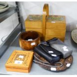 A SMALL CANTILEVER SEWING BOX, A CARVED WOODEN WALL PLAQUE, WOODEN BOX, WOODEN BOWL, CAMERA AND A