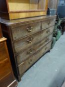 AN ANTIQUE CHEST OF TWO SHORT OVER THREE LONG DRAWERS WITH SWAN NECK HANDLES, (TOP SPLIT A.F.)  (