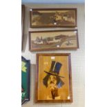 MODERN MARQUETRY PICTURE, HEAD OF A CLOWN WEARING A TOP HAT, LINE INLAID FRAME, 22" X 16 1/2" (