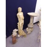 A SELECTION OF RECONSTITUTED GARDEN ORNAMENTS TO INCLUDE; A SEMI NUDE MALE (BROKEN) (103cm high),