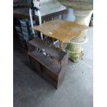 OAK CARVED MURAL CABINET, HAVING CUBOARD DOORS AND AN OAK OCCASIONAL TABLE, ON TRIPOD COLUMN BASE