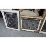 PAIR OF STAINED GLASS PANELS, 18? x 22? overall, and ANOTHER WITH DIAMOND DESIGN TO THE CENTRE,