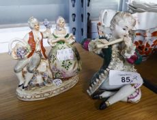 AN EARLY TWENTIETH CENTURY GERMAN PORCELAIN FIGURE OF A SEATED BOY PLAYING A FLUTE, 4 1/2" (11.