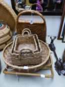 WOVEN RATTAN LARGE HAND BAG WITH FLAP OPENING AND HOOP HANDLE; A WOVEN RATTAN FLAT OBLONG TWO