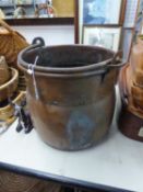 LARGE SEAMED COPPER  CAULDRON SHAPED COAL BUCKET, WITH IRON SWING HANDLE, 12" DIAMETER, 11" HIGH