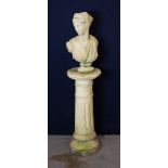 A CLASSICAL CONCRETE FEMALE BUST, ON A COLUMN STYLE PEDESTAL (overall 120cm high)