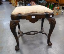 GOOD QUALITY MAHOGANY CARVED STOOL WITH FLORAL UPHOLSTERED SEAT, CARVED CABRIOLE LEGS WITH STRETCHER