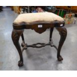 GOOD QUALITY MAHOGANY CARVED STOOL WITH FLORAL UPHOLSTERED SEAT, CARVED CABRIOLE LEGS WITH STRETCHER