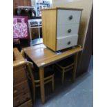 FORMICA TOPPED KITCHEN TABLE, ON SQUARE STRAIGHT LEGS, TWO KITCHEN CHAIRS, THREE DRAWER CHEST/