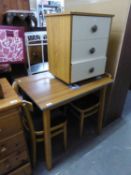 FORMICA TOPPED KITCHEN TABLE, ON SQUARE STRAIGHT LEGS, TWO KITCHEN CHAIRS, THREE DRAWER CHEST/