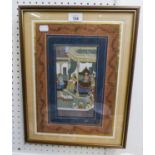 INDIAN WATERCOLOUR DRAWING, COURTIER  AND ENTHRONED MONARCH 8 1/2" X 4 1/2", MOUNTED AND FRAMED