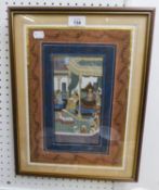 INDIAN WATERCOLOUR DRAWING, COURTIER  AND ENTHRONED MONARCH 8 1/2" X 4 1/2", MOUNTED AND FRAMED